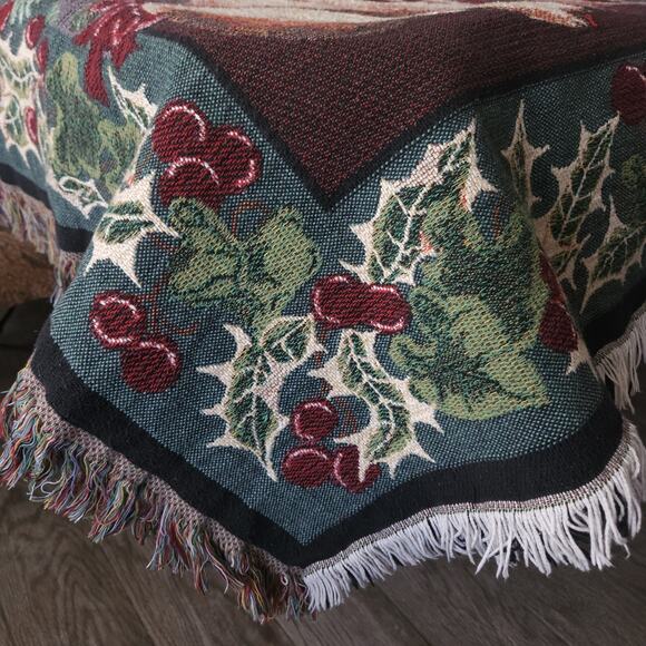 Goodwin Weavers Throw Blanket Dog Tapestry Green Christmas Cottage Vtg 44x65 USA - Picture 5 of 11